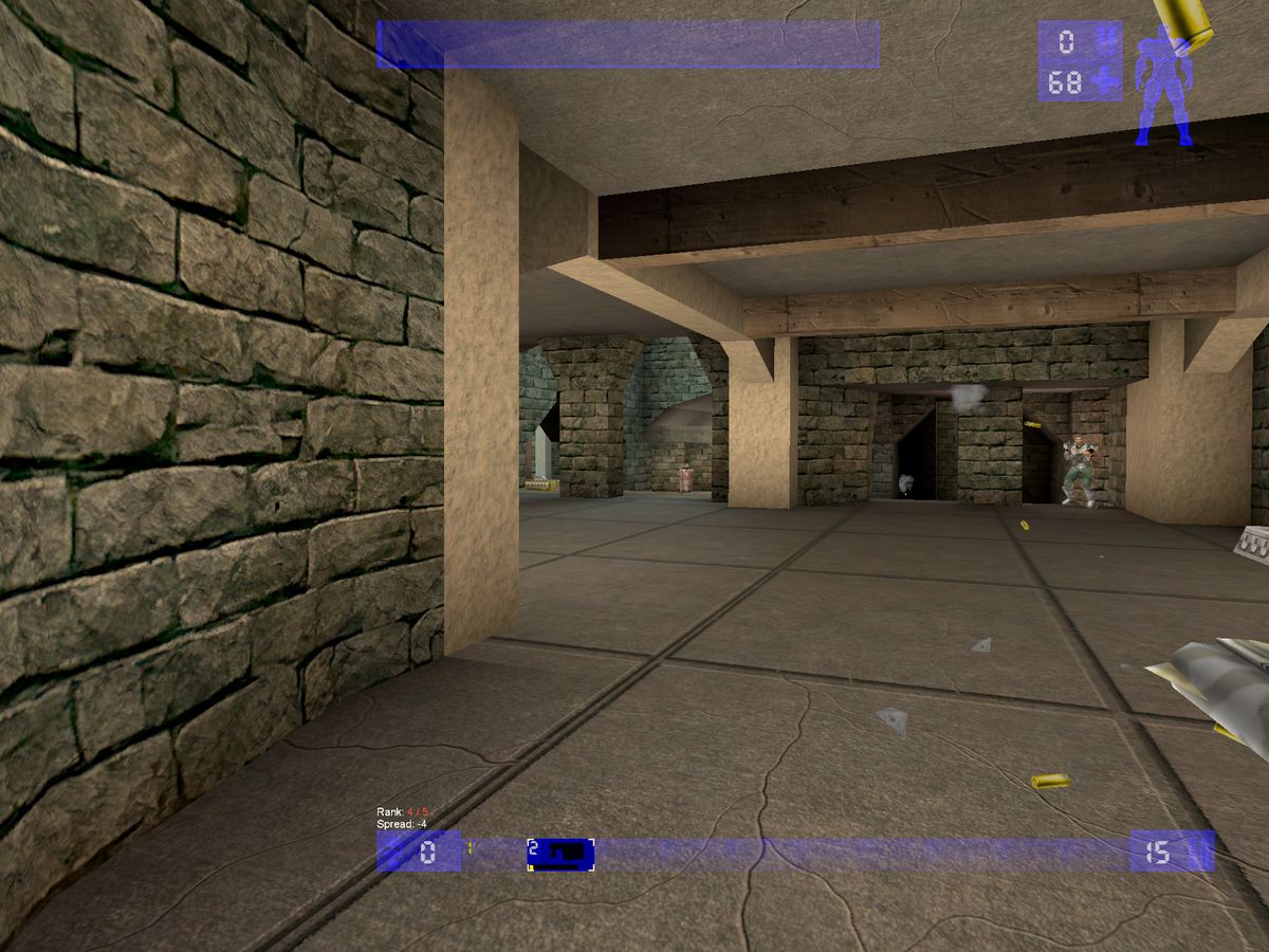 A firefight in progress with a bot visible down the corridor.