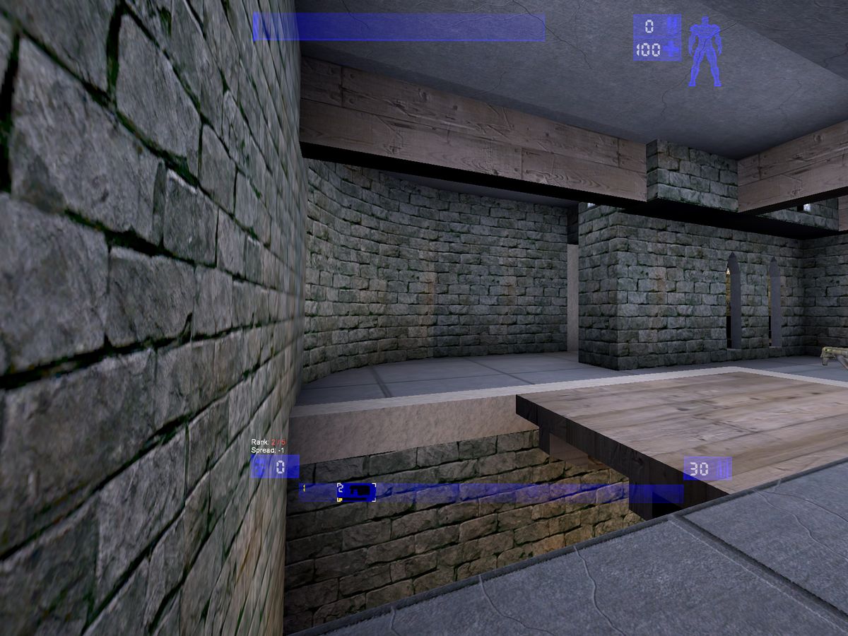 In-game view on DM-Codex with the health, armour and ammo HUD.
